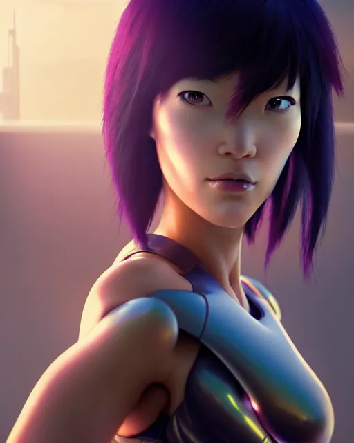 Image similar to weta disney pixar movie still portrait photo of motoko kusanagi the major ghost in the shell : : as cyborg woman by pixar : : by weta, wlop, ilya kuvshinov, rossdraws, artgerm, marvel, maxim cover, latex, octane render, sweaty, iridescent, bright morning, anime, liosh, mucha : :