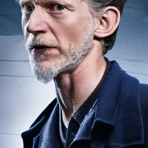 Image similar to tom holland as a rough dirty old man with a scruffy beard in a dark blue trenchcoat as the new doctor who, cinematic, volumetric lighting, f 8 aperture, cinematic eastman 5 3 8 4 film, photorealistic