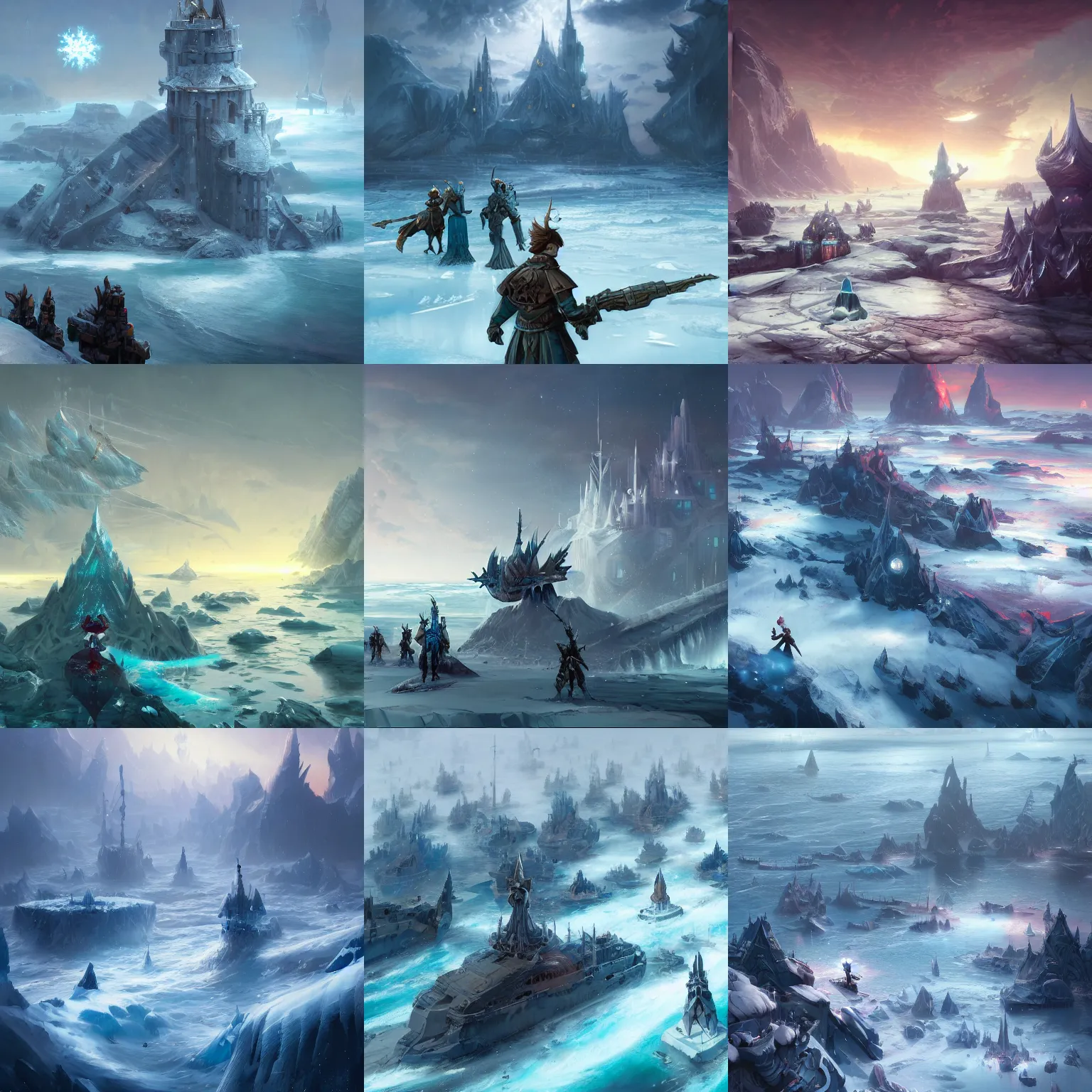 Prompt: frozen ocean with battle weapons scattered and spires, by peter mohrbacher dan mumford craig mullins nekro, cgsociety, pixiv, volumetric light, 3 d render