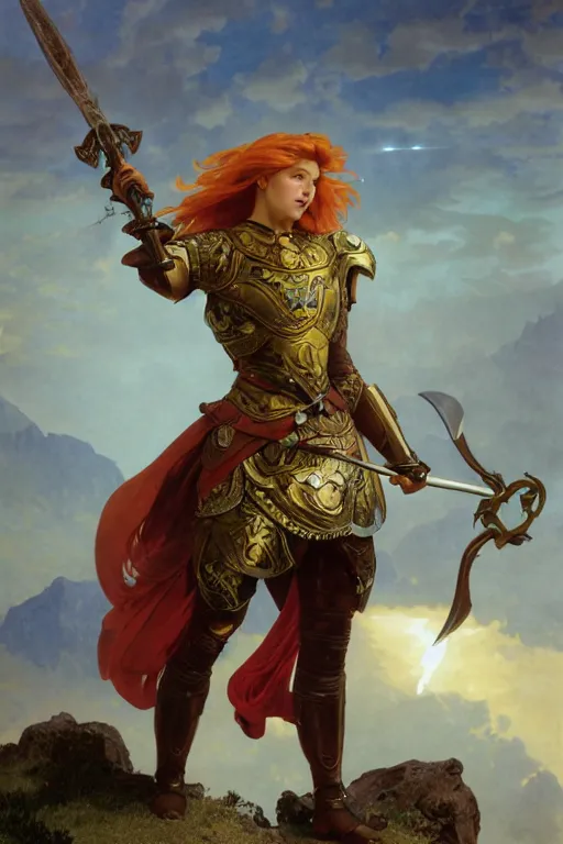 Prompt: full - body matte portrait of a legion of red haired lesbian valkyries in a heroic pose and wearing thick bronze plate armor at the top of a mountain holding a spear made of lightning, art by albert bierstadt, alphonse mucha, andreas rocha, greg rutkowski, sharp edges. ultra clear detailed. 8 k. elegant. octane render