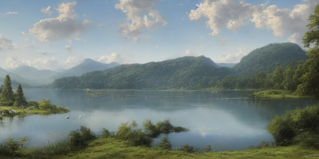 Image similar to a beautiful lake landscape in summer, by Ernest deutsch + Ted Nasmith, cinematic lighting, masterpiece, highly detailed, 8k resolution, trending on art station