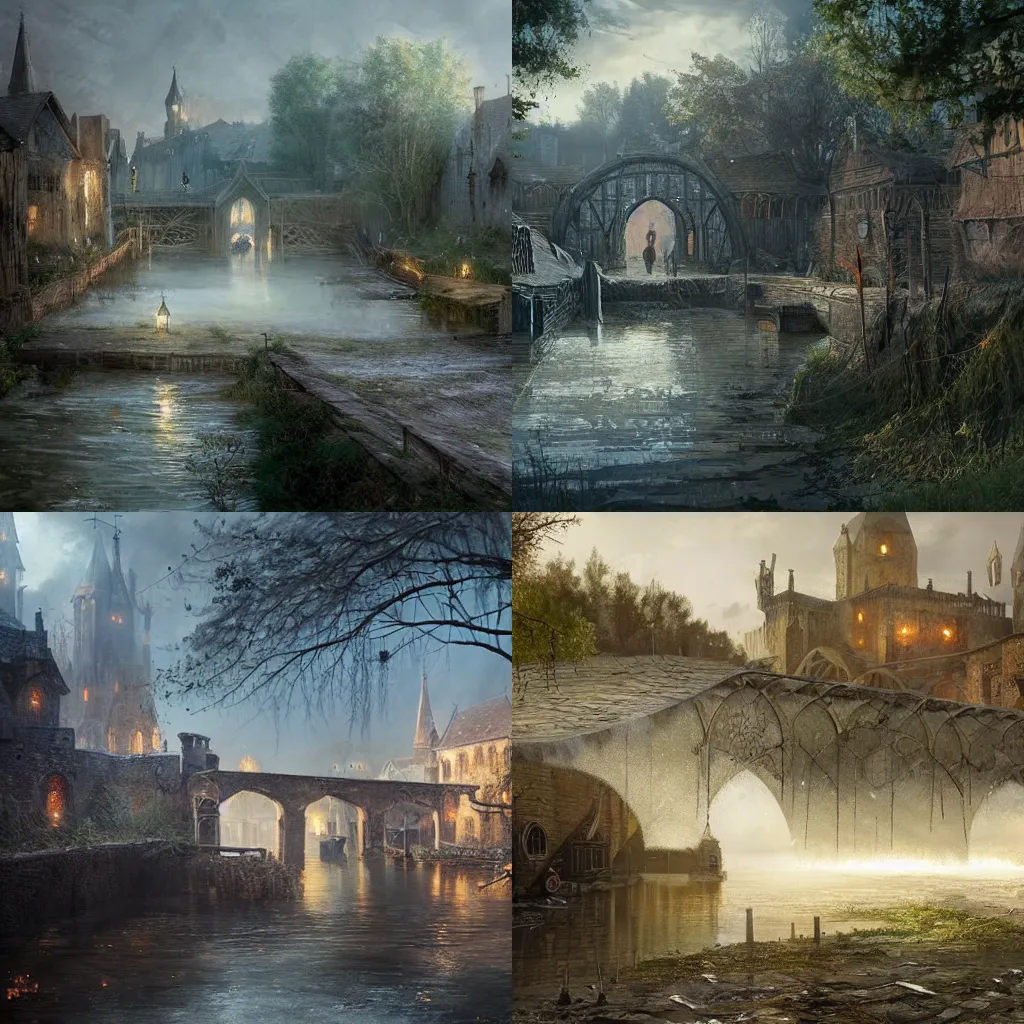 Prompt: a downtrodden medieval town by a river in a swamp surrounded by a magical translucent barrier barrier barrier barrier, 4k, by Greg Rutkowski, fantasy, mix of celtic and Rus architecture, magic bubble barrier, cinematic