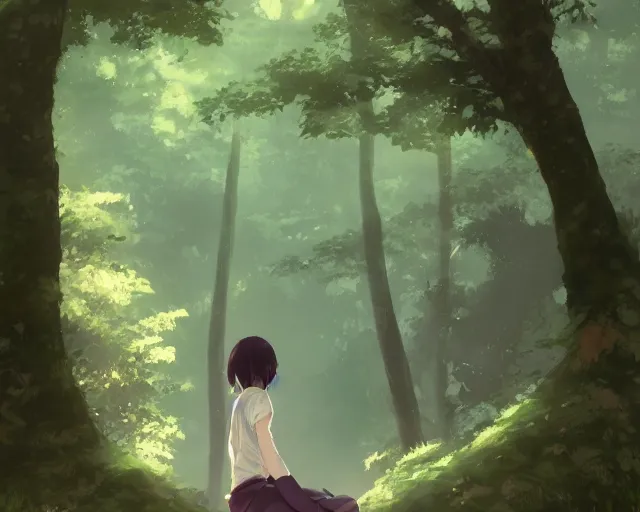 Image similar to a girl with two wings on her back in a forest. By Makoto Shinkai, trending on ArtStation, digital art.