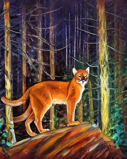 Prompt: cougar in forest at night, shot from drone, grainy, photo by leonid afremov, polaroid