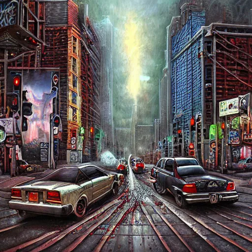 Prompt: street view of a busy street in a horror city, by wes benscoter, anne stokes,