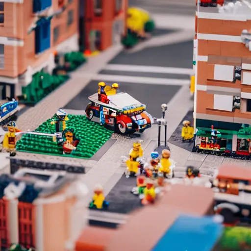 Prompt: lego town, 3 5 mm lens, shallow dof, cinematic, photo, 4 k, detailed, tiny