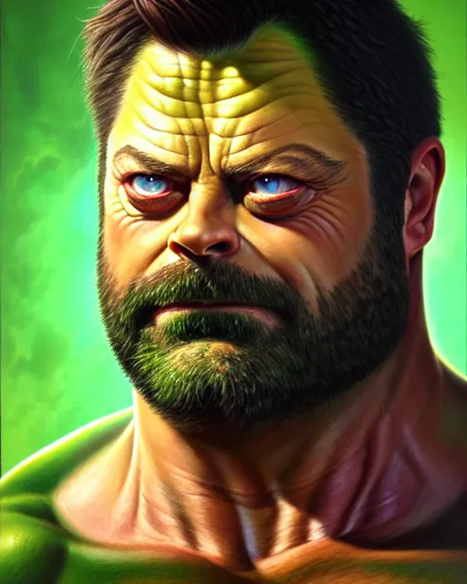 Image similar to detailed portrait of nick offerman as hulk! by tomasz alen kopera and peter mohrbacher and johanna martine! and margaret keane! coherent luminescent