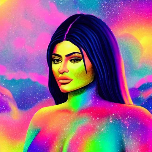 Image similar to KYLIE JENNER with pistol swimming in chromatic SPIRITS in misty mysterious astral temple, beautiful, dmt, trending on artstation, omnious, soft, REALISTIC