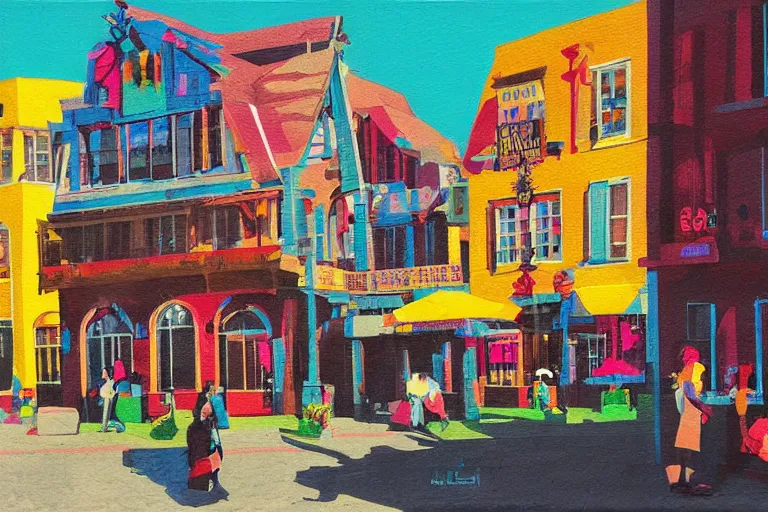 Image similar to townsquare in a sunny day, artwork by tooth wu, colorful high contrast, very coherent, dark shadow