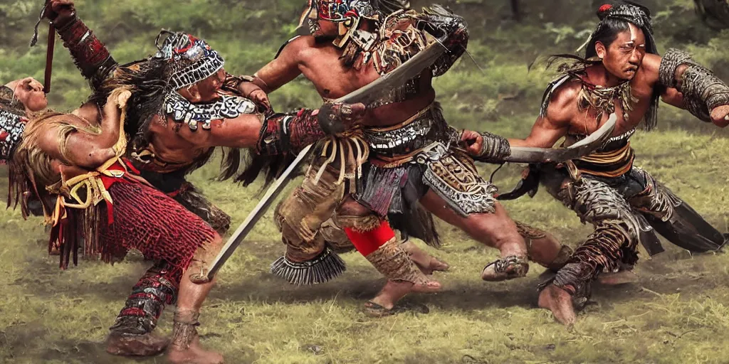 Image similar to Aztec Jaguar Warrior fighting with Samurai in a one on one fight. Highly detailed, movie scene.