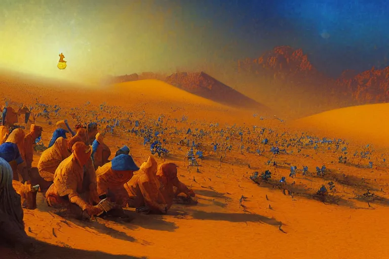 Prompt: detailed digital painting of a crowd of jews in the desert harvesting manna, yellow orange and blue color scheme, by karol bak craig mullins and ross trann