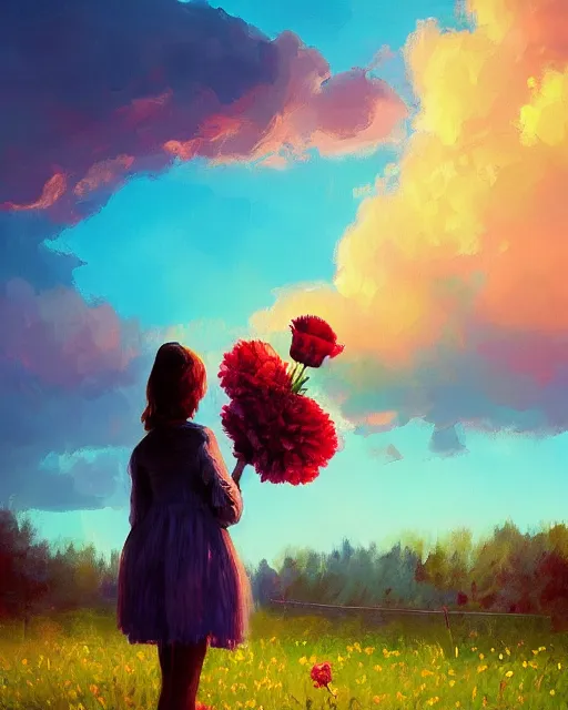 Image similar to girl with a giant carnation as face, surreal photography, flower field, sunset dramatic light, impressionist painting, colorful clouds, blue sky, digital painting, artstation, simon stalenhag