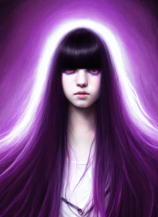 Image similar to hair whitebangs hair, black hair, whitebangs, portrait of teenage girl with white bangs, red irises, purple clothes, white bangs, bangs are different color from hair, intricate, elegant, glowing lights, highly detailed, digital painting, artstation, concept art, smooth, sharp focus, illustration, art by wlop, mars ravelo and greg rutkowski