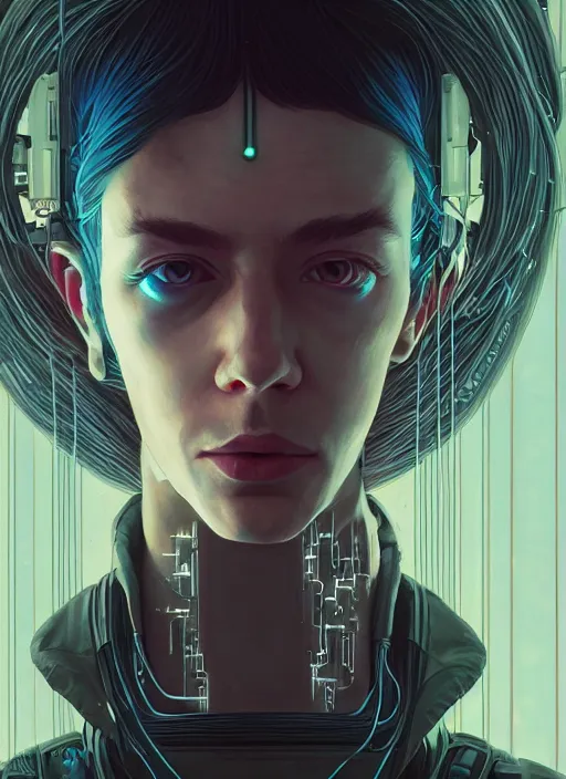 Prompt: highly detailed portrait of a cyberpunk sci - fi hacker, wires connect to the head, stephen bliss, unreal engine, greg rutkowski, loish, rhads, beeple, makoto shinkai and lois van baarle, ilya kuvshinov, rossdraws, tom bagshaw, alphonse mucha, global illumination, detailed and intricate environment