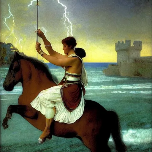 Image similar to Magician riding a horse leaving the castle through the bridge, thunderstorm, beach ocean on the background major arcana sky, by paul delaroche, alphonse mucha and arnold böcklin arnold böcklin hyperrealistic 8k, very detailed