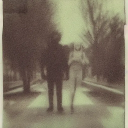 Image similar to creepy grainy polaroid photograph of four legged cryptid with human face and hair dragging a dead body across the street and looking at the camera
