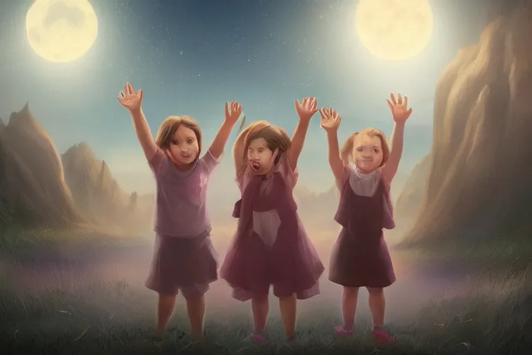 Prompt: portrait of cute little kids waving their hands, dreamy matte painting, night time, volumetric lighting, smooth, trending on artstation, moonlit backdrop