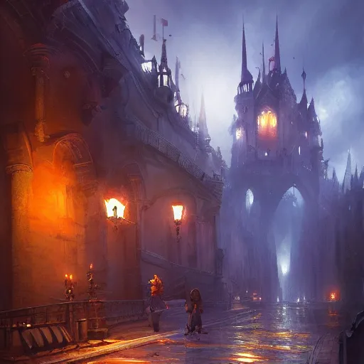 Prompt: street leading to a fantasy castle, dramatic lighting, city background, chiaroscuro, high detail, painted by greg rutkowski, painted by igor kieryluk, painted by bobby chiu, trending on artstation