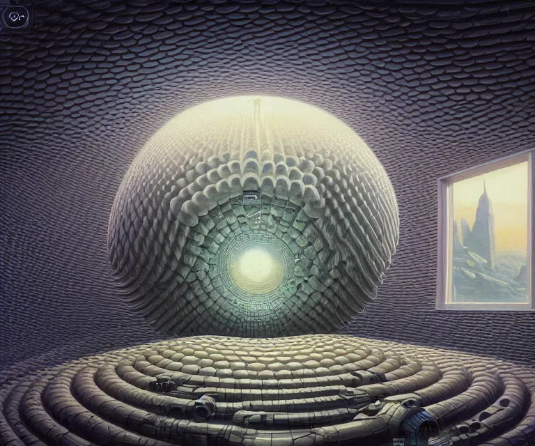 Image similar to hyper detailed 3d render like a Oil painting - inside a dyson sphere, futuristic science fiction vibe, by Jacek Yerka, Mariusz Lewandowski, Houdini algorithmic generative render, Abstract brush strokes, Masterpiece, Edward Hopper and James Gilleard, Zdzislaw Beksinski, Mark Ryden, Wolfgang Lettl, hints of Yayoi Kasuma, octane render, 8k, wide angle shot