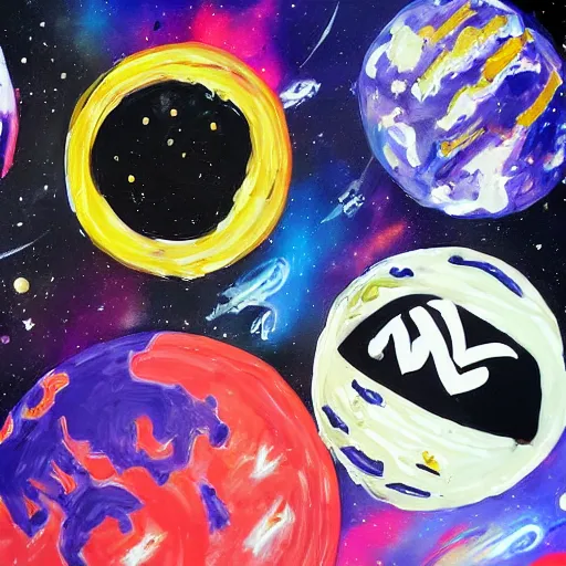 Image similar to a messy painting of the Wu-Tang Clan in space