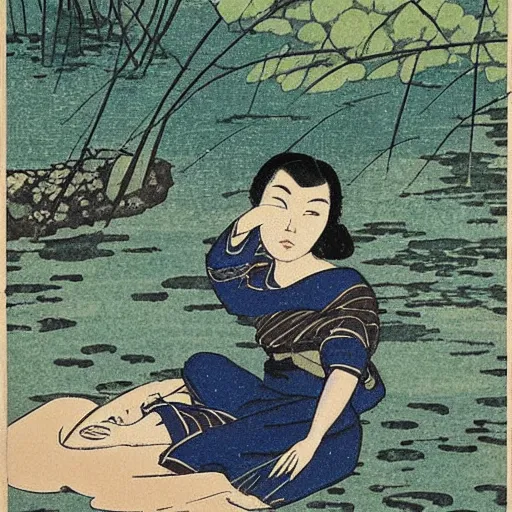 Image similar to hiroshi yoshida woodblock print. beautiful woman sitting near pond.