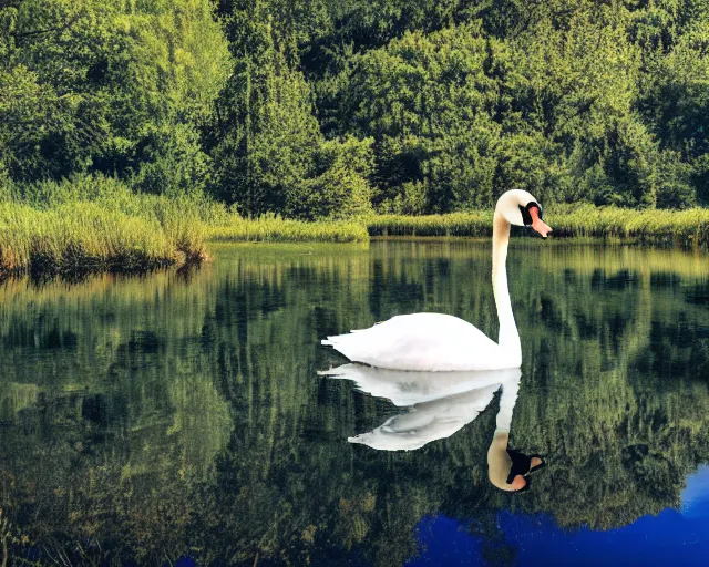 Prompt: a 4 k photorealistic photo of a swan swimming in a river, ripples, reflections. shady, trees bent over river.