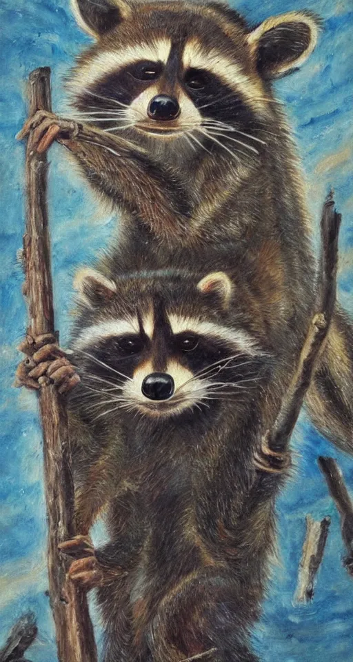 Prompt: bosch oil painting of a fire raccoon, apocalyptic