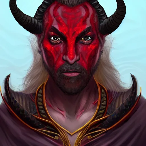 Image similar to dnd style portrait of a tiefling, male, red scales, red skin, a big black beard, completely golden eyes, 2 black ram horns growing out of his forehead,