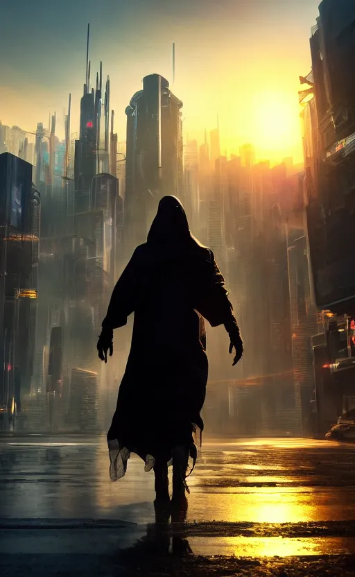 Image similar to a singular cloaked figure standing in the foreground of a cyberpunk landscape, synth, puddles, sunrise