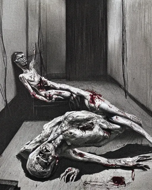 Image similar to realistic detailed overhead image of a ribcage and a dead old couple in style of Francis Bacon and Willem de kooning, interior room with a pool of blood and stray dog barking, messy living room. Art by Henry Clarke, Still from 1982 movie The Thing. Beksiński Masterpiece