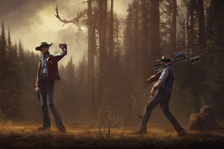 Image similar to an ultradetailed image of dean winchester as an old west gunfighter shooting at a charging wendigo, ultrawide lens, aerial photography, masterpiece, 8 k, art by greg rutkowski and albert bierstadt