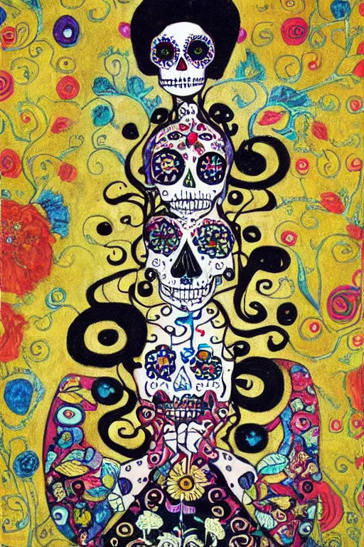 Image similar to illustration of a sugar skull day of the dead girl, art by gustav klimt