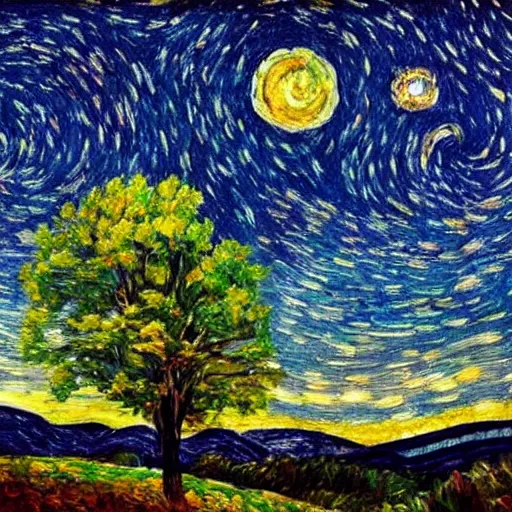 Prompt: a post-impressionist oil painting of a starry night sky. background of a rolling hills landscape, with a single tree in the foreground. The sky is filled with stars, and the moon is visible in the distance. the stars are shining brightly, and the colors are very vibrant.