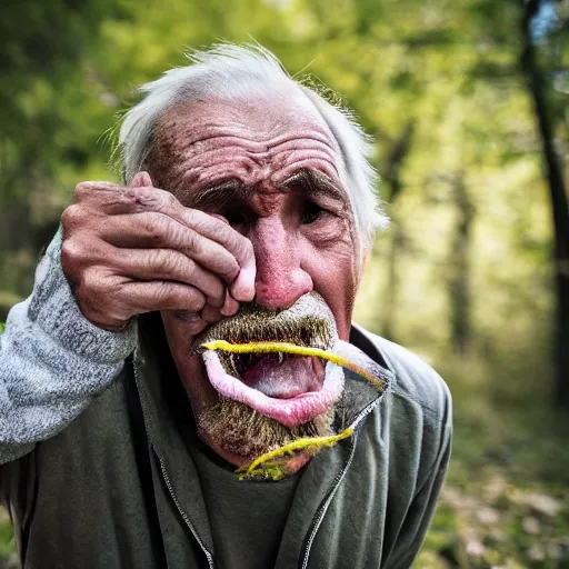 Image similar to National Geographic photo of angry old man with spiders in his mouth