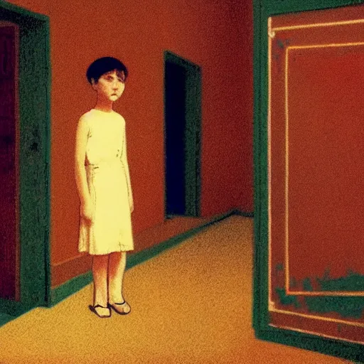 Prompt: an ivory girl in an soviet golden liminal abandoned room, film still by wes anderson, depicted by david lynch, limited color palette, very intricate, art nouveau, highly detailed, lights by hopper, soft pastel colors