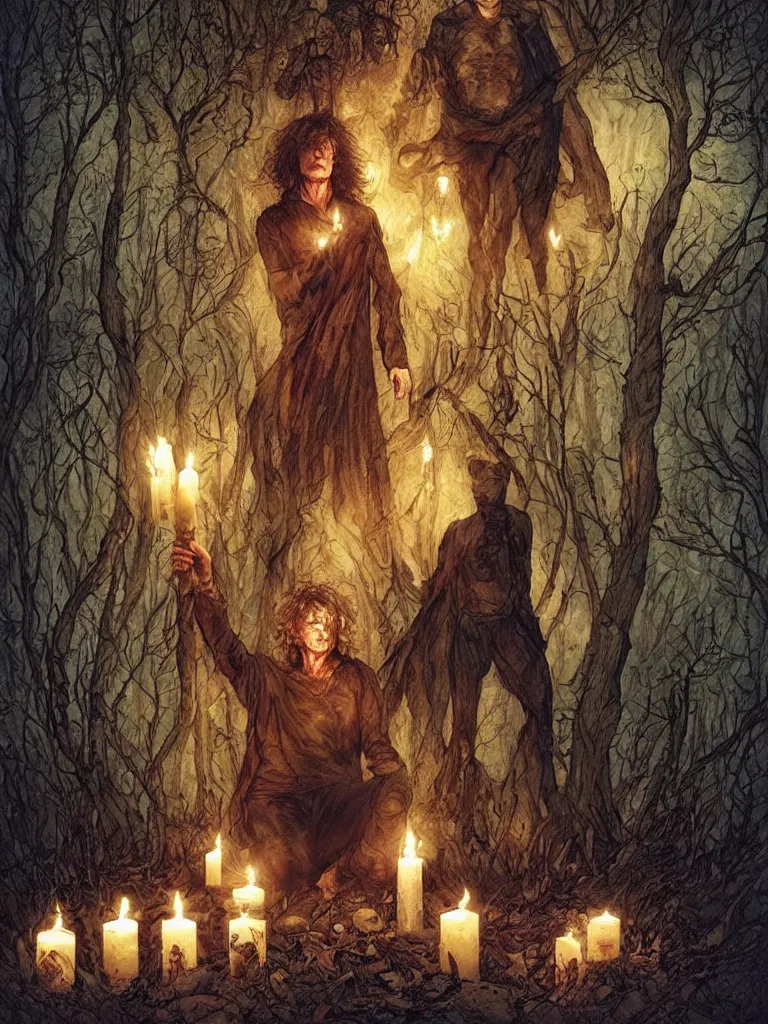 Prompt: neil gaiman sandman surrounded by candles in a deserted forest by lee bermejo and greg rutkowski in vivid color scheme