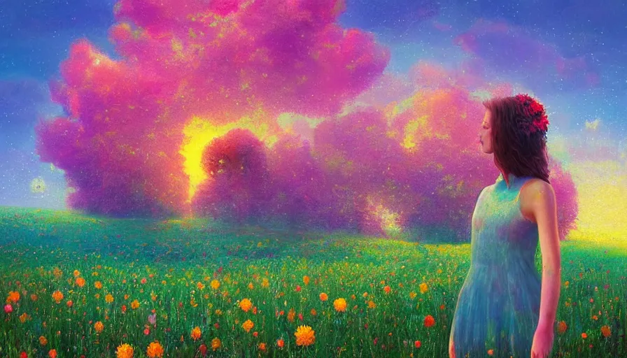 Image similar to girl with a giant flower face, surreal photography, dream, standing in flower field, hills, big trees, sunrise dramatic light, impressionist painting, colorful clouds, digital painting, pointillism, artstation, simon stalenhag, flower face