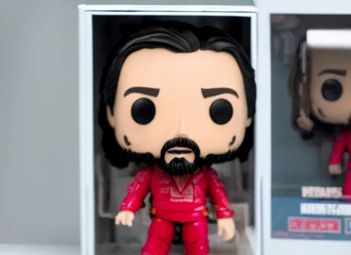 Image similar to product still of Keanu Reeves funko pop with box, 85mm f1.8