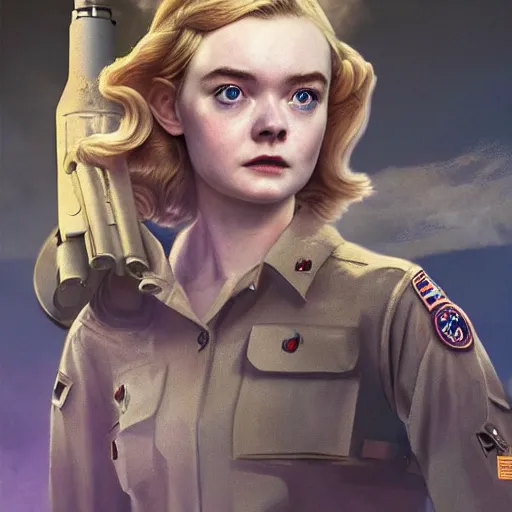 Prompt: a striking hyper real illustration of Elle Fanning in Fallout by Adam Adamowicz