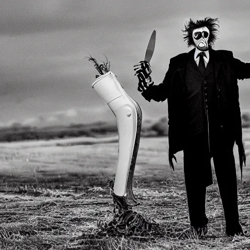 Image similar to first still from new tim burton movie has donald trump as edward scissorhands in edward scissorhands remake, ( eos 5 ds r, iso 1 0 0, f / 8, 1 / 1 2 5, 8 4 mm, postprocessed, crisp face, facial features )