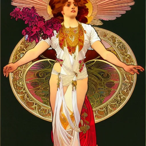 Image similar to a beautiful orchid phoenix angel woman, in an ornamented dress with large, volumetric light, god rays, 8 k high resolution, rubies, by alphonse mucha