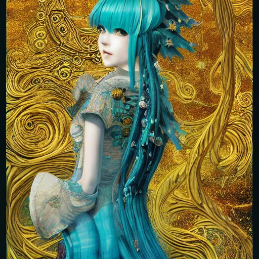 Prompt: hatsune miku, official artwork, danbooru, by Karol Bak, Jean Deville, Gustav Klimt, and Vincent Van Gogh, Surreality, fractal structures, arcane, ornate gilded medieval icon