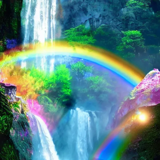 Prompt: Rainbow disco smokey portals to beautiful waterfall dimension, artstation, highly detailed 8k