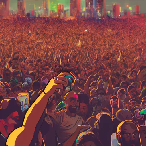 Image similar to rapper leaning over huge crowd reaching up to him, digital art, vapor wave, hip hop, trending on Artstation, professional artist, detailed, 4k