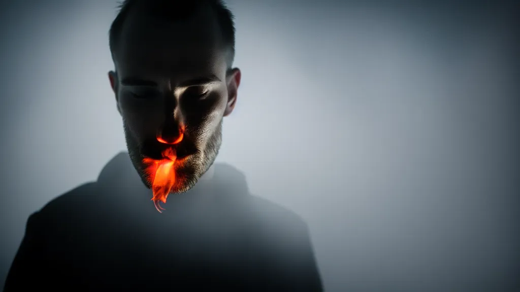 Image similar to portrait of a man a thin glowing smoke enters his head, fog, volumetric lighting, mystique, atmospheric, sharp focus, ultra detailed, noir art house, 4 k, 3 5 mm