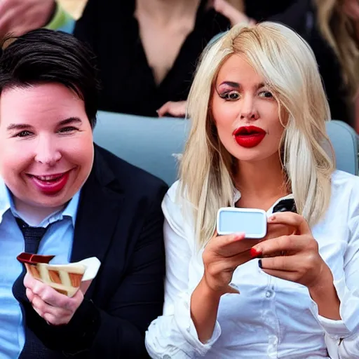 Image similar to Michael Mcintyre sitting next to a blonde woman eating ice creams & taking a selfie