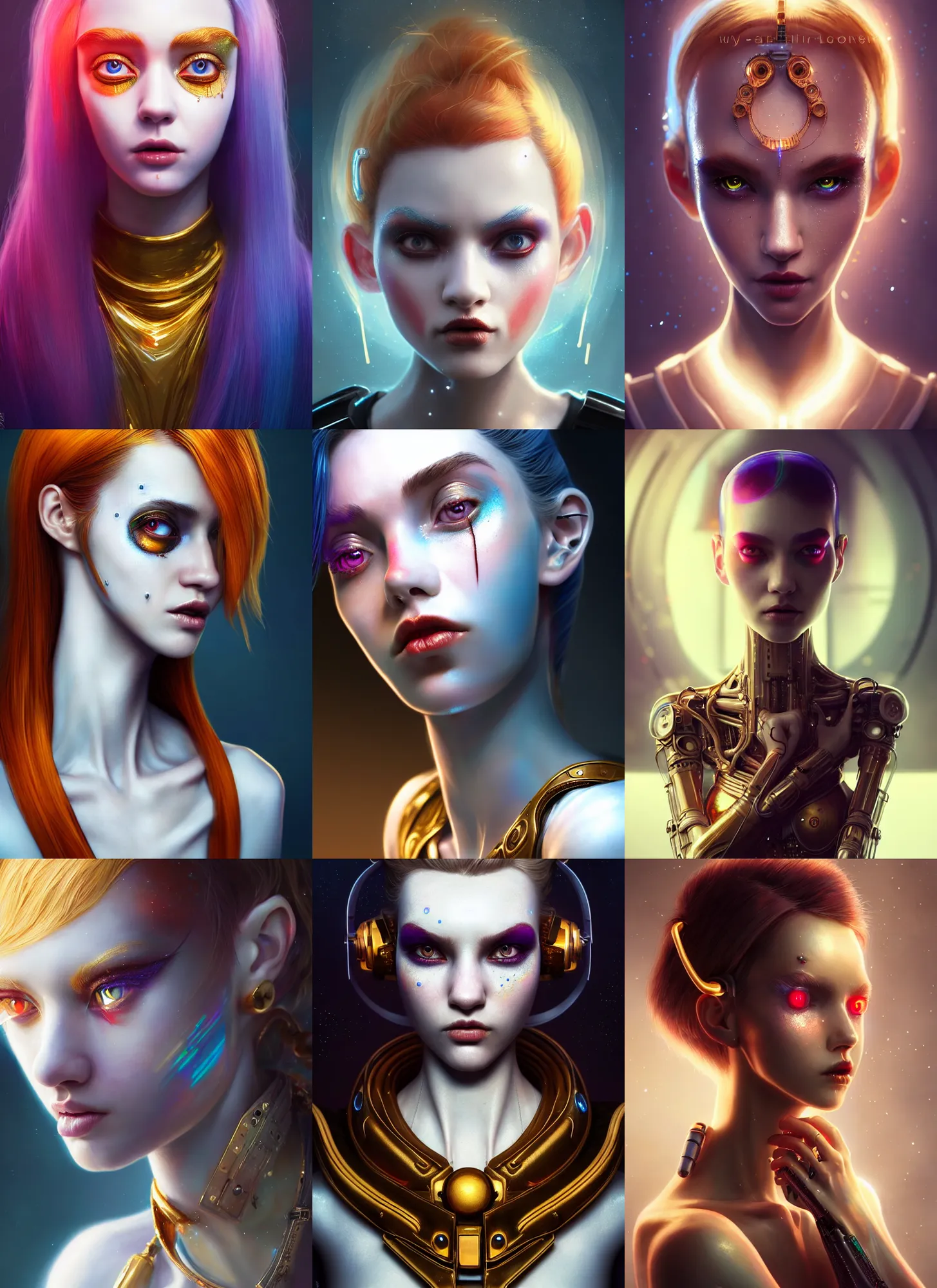 Prompt: pixar portrait 8 k photo, beautiful shiny white porcelain rich galactic tattoo clowncore russian cyborg college girl, golden ratio jewelry, sci - fi, fantasy, cyberpunk, intricate, decadent, highly detailed, digital painting, octane render, artstation, concept art, smooth, sharp focus, illustration, art by artgerm, loish, wlop