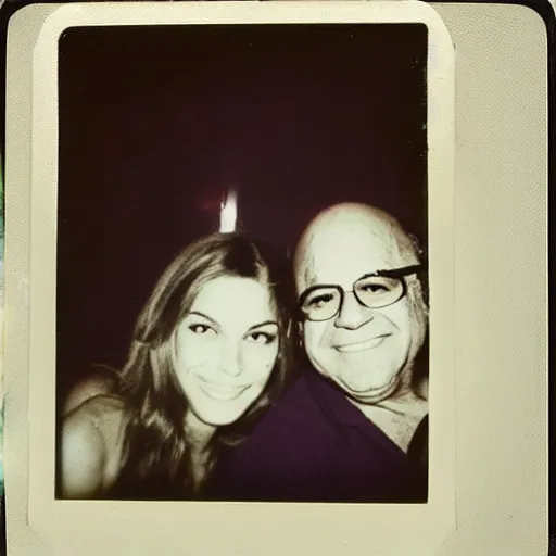 Prompt: found faded 1978 polaroid picture of my parents who look just like Danny Devito and Cindy Crawford