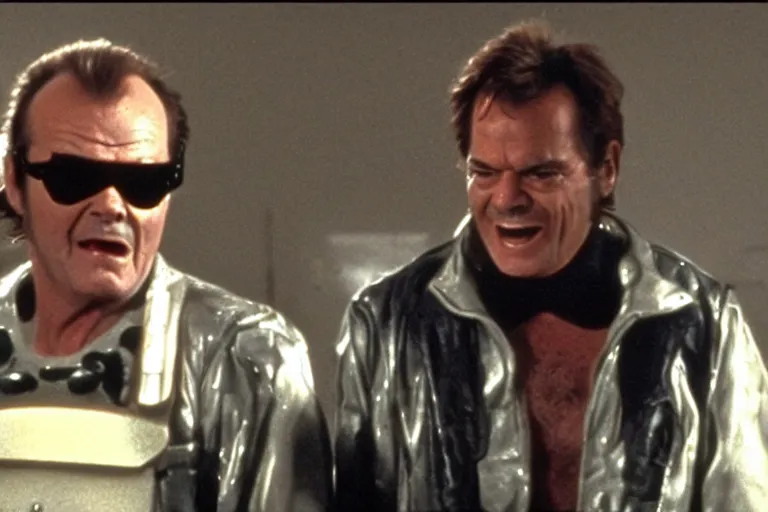 Image similar to Jack Nicholson in costume of Pikachu Terminator scene where his endoskeleton gets exposed still from the movie