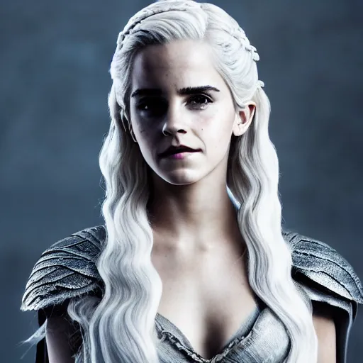 Image similar to Emma Watson full shot modeling as Daenerys Targaryen From Game of Thrones, (EOS 5DS R, ISO100, f/8, 1/125, 84mm, postprocessed, crisp face, facial features)